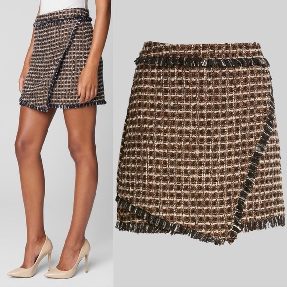 Blank NYC Miniskirt 27 Plaid Tweed Fringe Faux Wrap Clueless Black Brown NWT - Picture 2 of 11